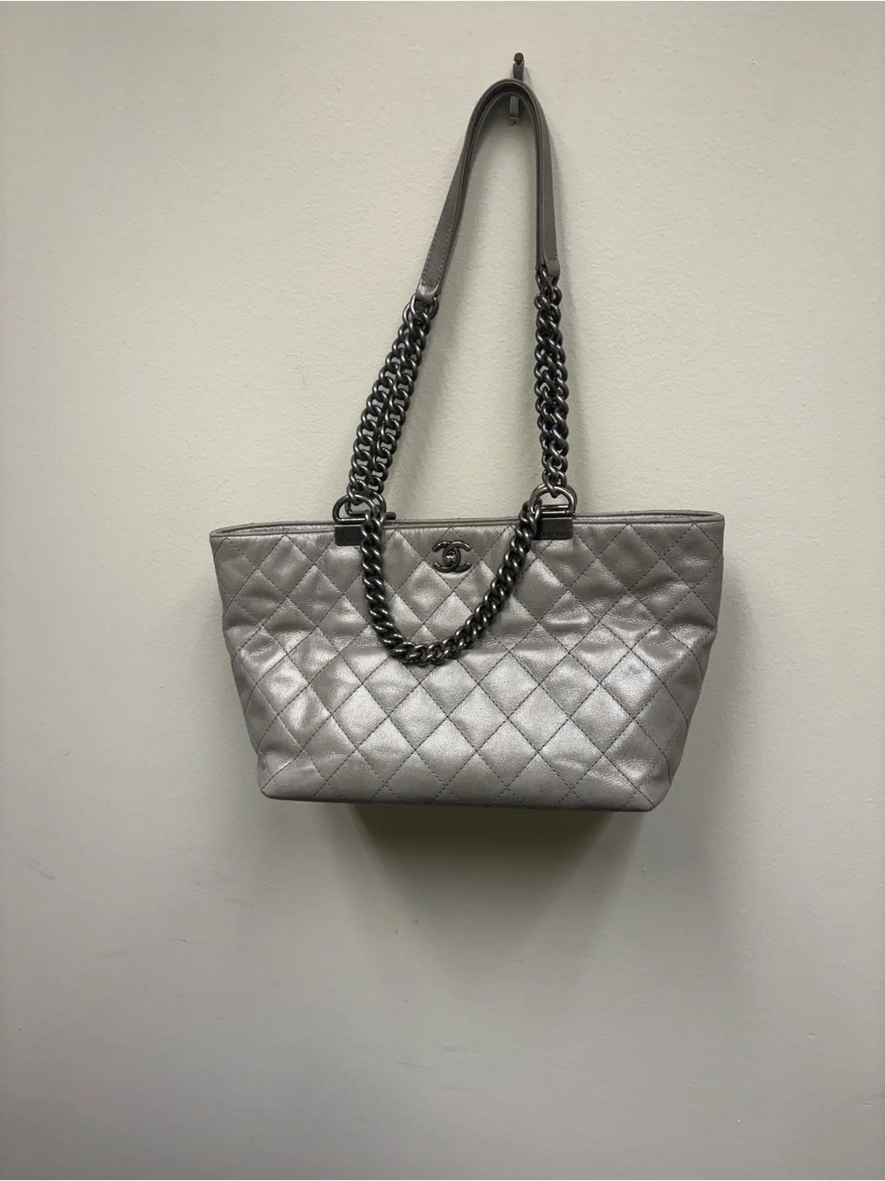 CHANEL Silver Quilted Leather Tote with CC Logo